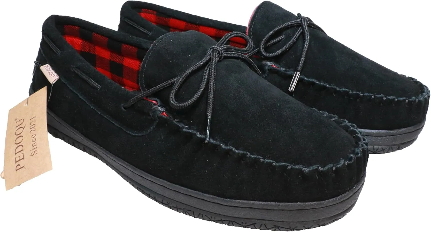 Slippers for Men’s House Shoes Moccasin with Genuine suede Upper Flanel Lining Comfortable Memory Foam Rubber Soles Indoor Outdoor