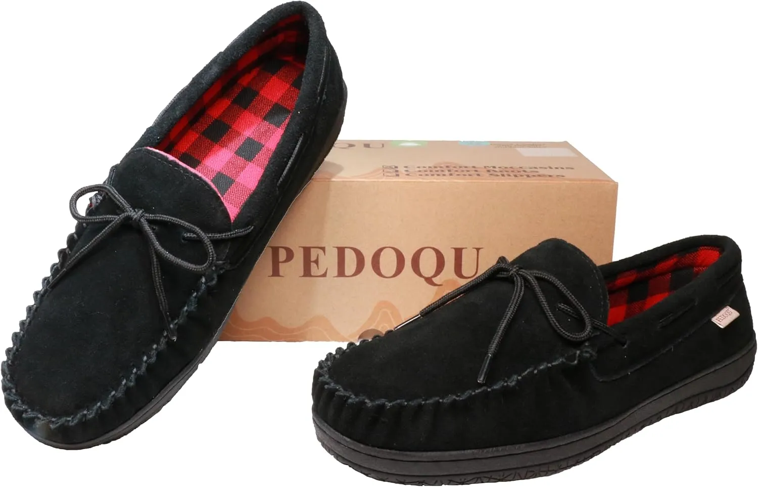 Slippers for Men’s House Shoes Moccasin with Genuine suede Upper Flanel Lining Comfortable Memory Foam Rubber Soles Indoor Outdoor