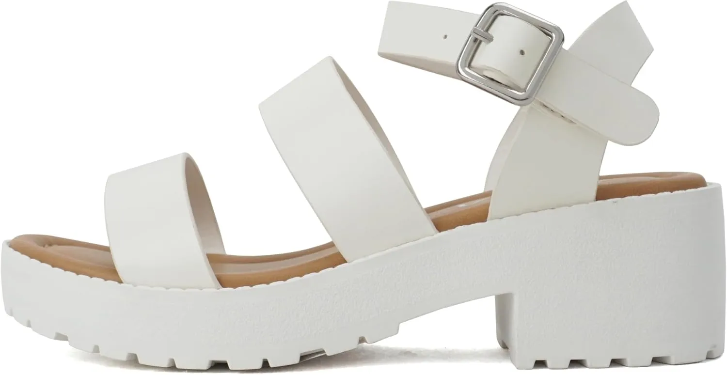 Soda ACCOUNT-2 ~ Little Kids/Children/Girls Open Toe Two Bands Lug sole Fashion Block Heel Sandals with Adjustable Ankle Strap