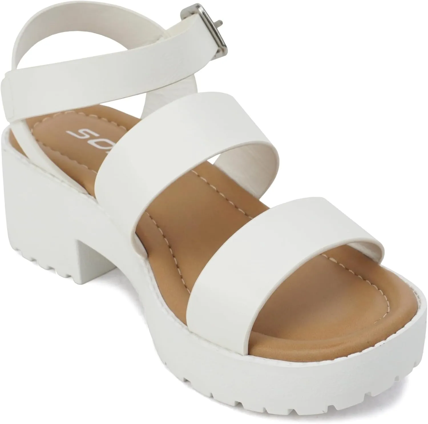 Soda ACCOUNT-2 ~ Little Kids/Children/Girls Open Toe Two Bands Lug sole Fashion Block Heel Sandals with Adjustable Ankle Strap