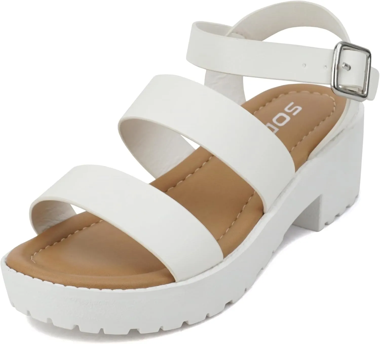 Soda ACCOUNT-2 ~ Little Kids/Children/Girls Open Toe Two Bands Lug sole Fashion Block Heel Sandals with Adjustable Ankle Strap