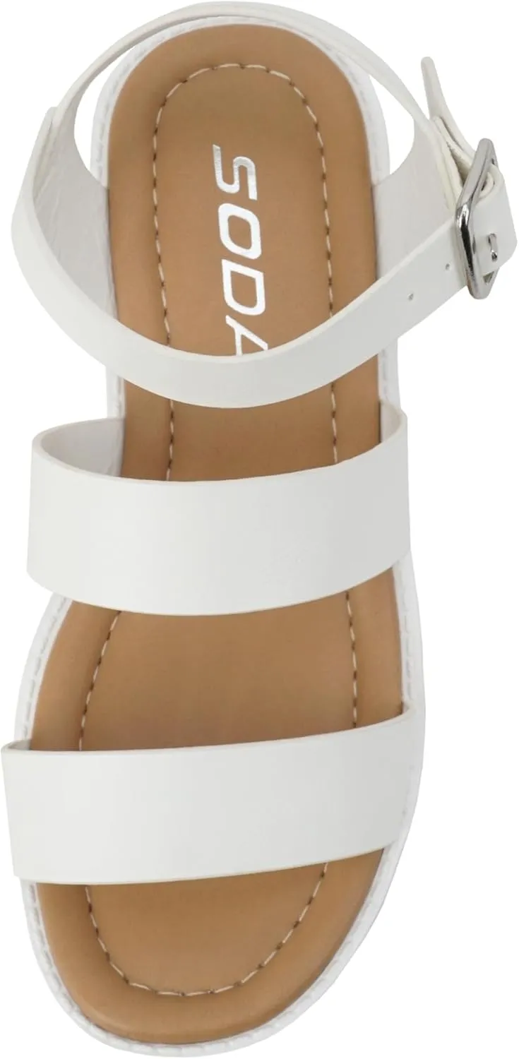 Soda ACCOUNT-2 ~ Little Kids/Children/Girls Open Toe Two Bands Lug sole Fashion Block Heel Sandals with Adjustable Ankle Strap