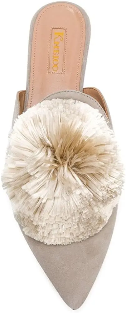 Tanaoen Mules for Women, Puff Pompom-Embellished Slip On Loafers Backless Pointed Toe Satin Mule Slides
