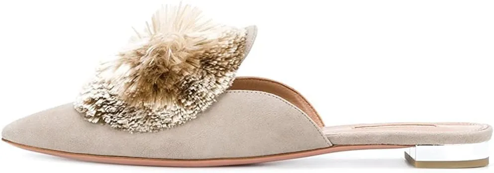 Tanaoen Mules for Women, Puff Pompom-Embellished Slip On Loafers Backless Pointed Toe Satin Mule Slides