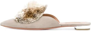 Tanaoen Mules for Women, Puff Pompom-Embellished Slip On Loafers Backless Pointed Toe Satin Mule Slides