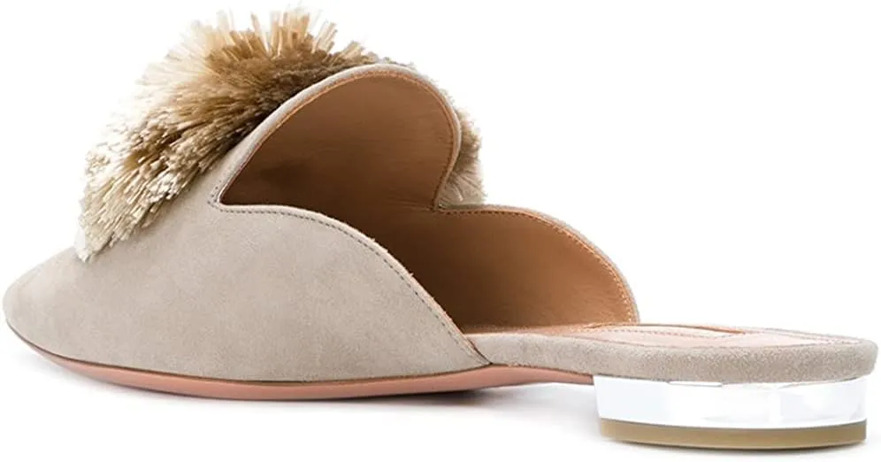 Tanaoen Mules for Women, Puff Pompom-Embellished Slip On Loafers Backless Pointed Toe Satin Mule Slides