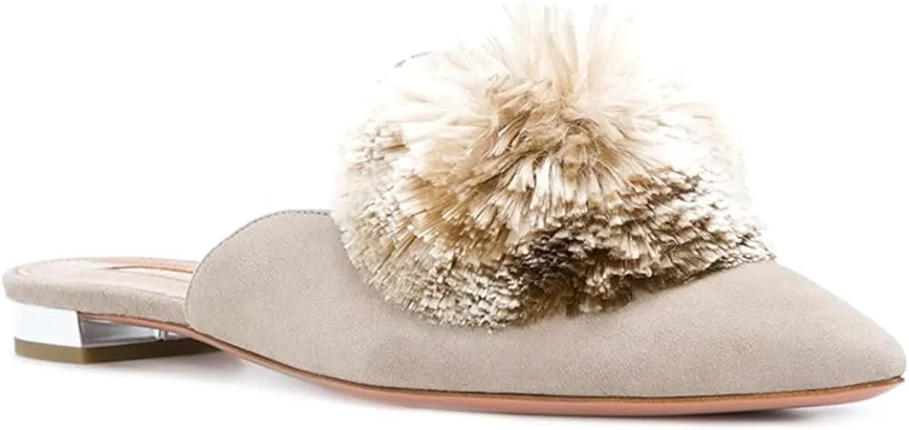 Tanaoen Mules for Women, Puff Pompom-Embellished Slip On Loafers Backless Pointed Toe Satin Mule Slides