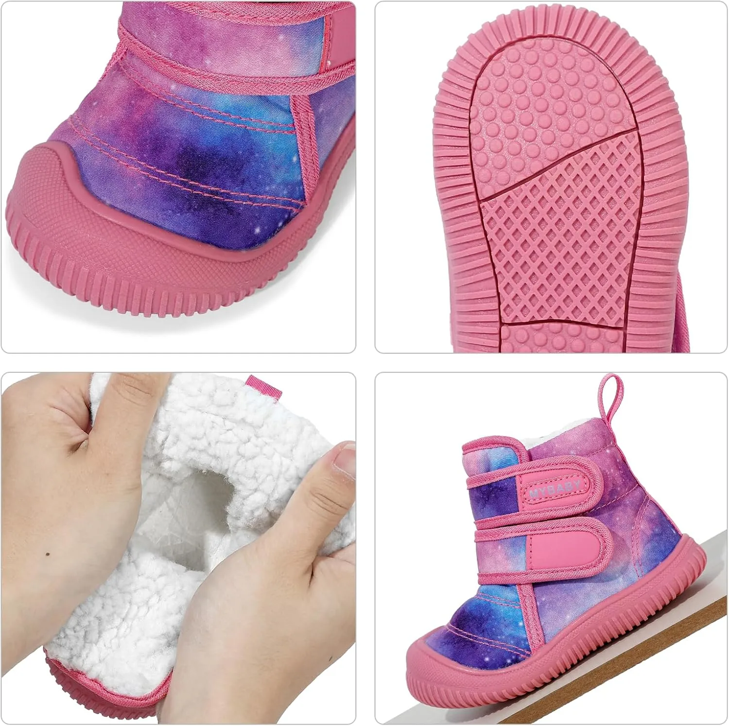 Toddler Snow Boots Double Strap Winter Warm Shoes Baby Faux Fur Lining Soft Fleece Booties with Non-Slip Sole