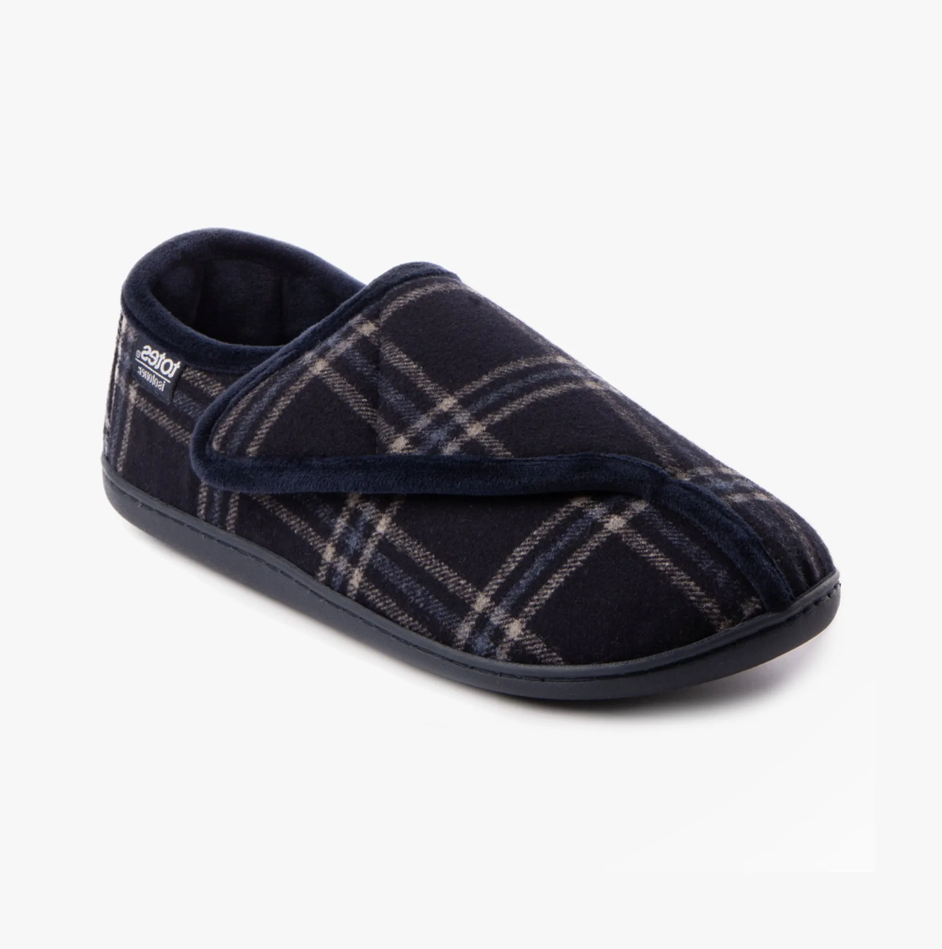 Totes Isotoner VELOUR CLOSED BACK Mens Slippers Navy Check
