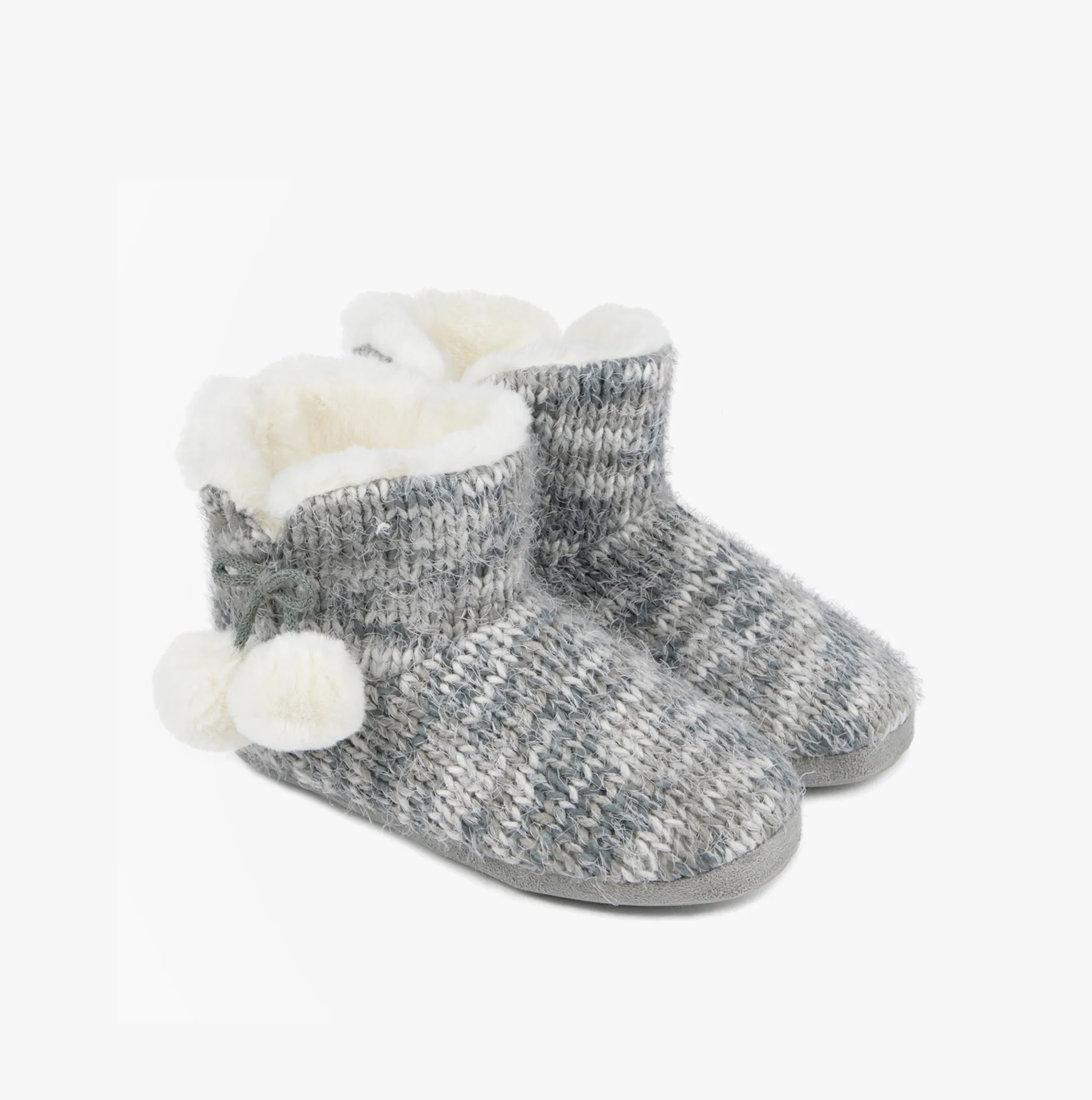 Totes Toasties KNITTED BOOT Slippers WITH POM POM Womens Grey