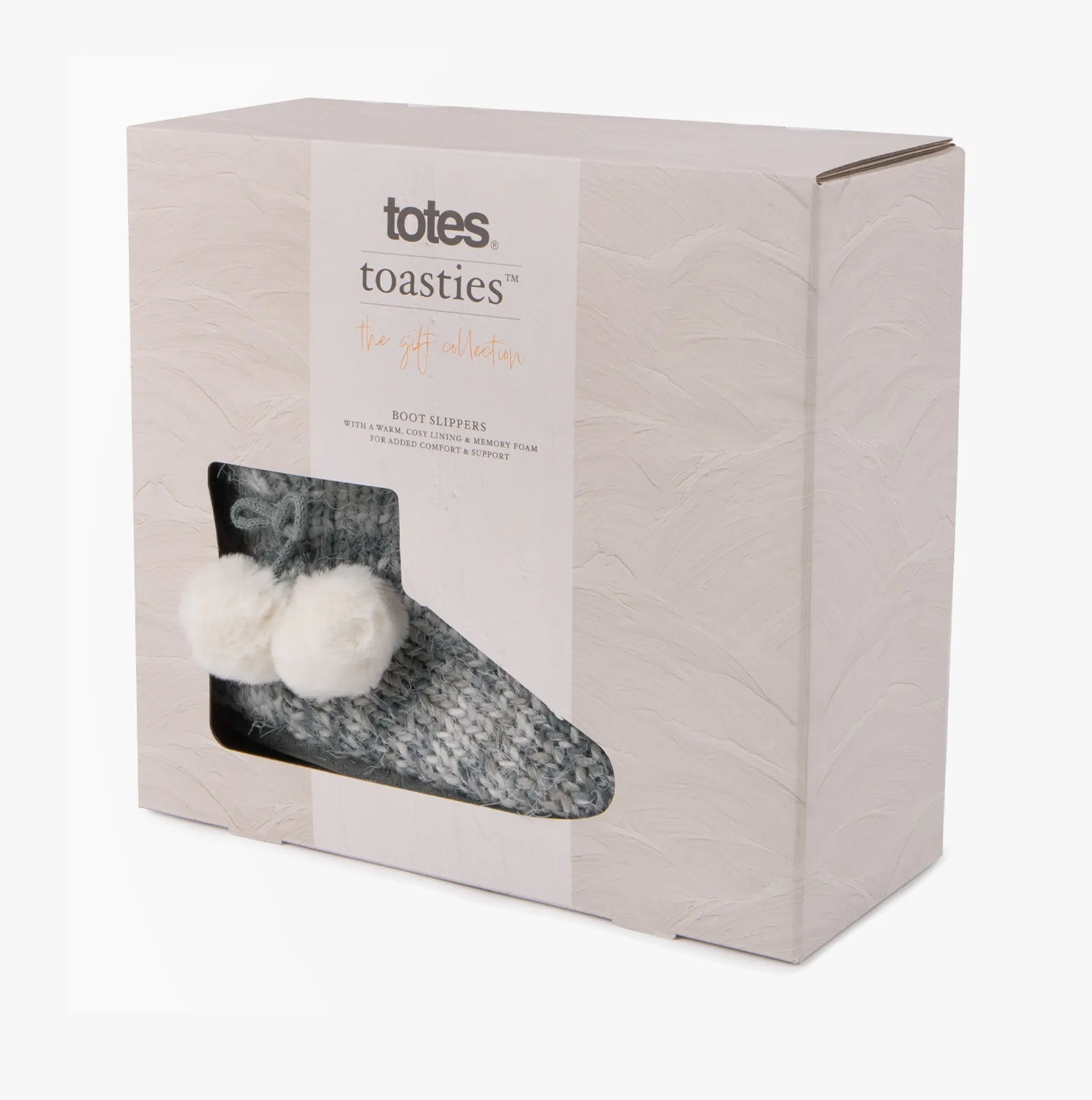 Totes Toasties KNITTED BOOT Slippers WITH POM POM Womens Grey