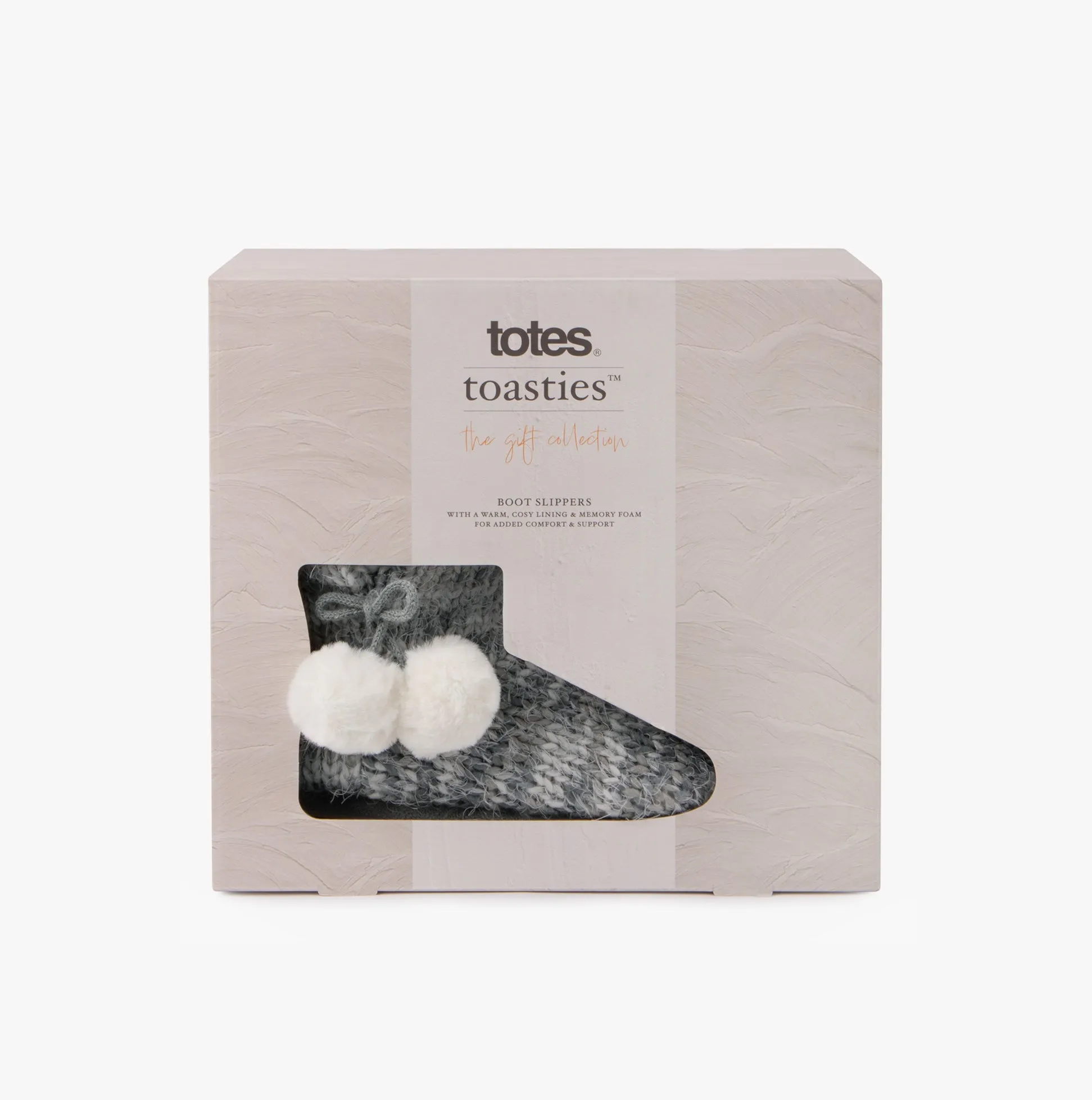 Totes Toasties KNITTED BOOT Slippers WITH POM POM Womens Grey