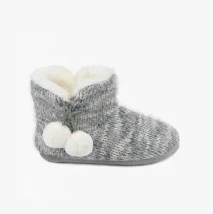 Totes Toasties KNITTED BOOT Slippers WITH POM POM Womens Grey