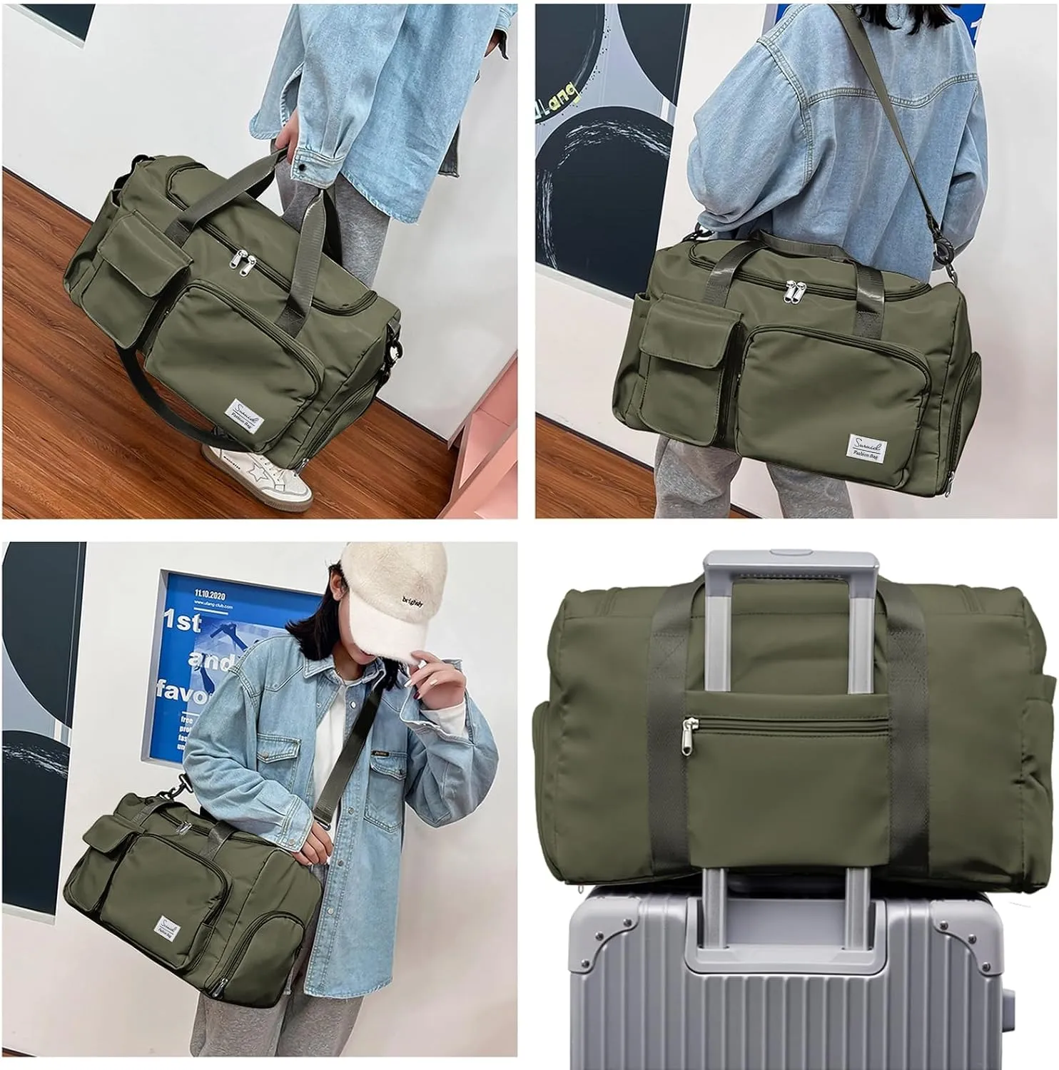 Travel Duffel Bag with Shoes Compartment Sports Gym Bag with Dry Wet Separated Pocket for Men and Women, Overnight Bag Weekender Bag Training Handbag Yoga Bag - Olive Green