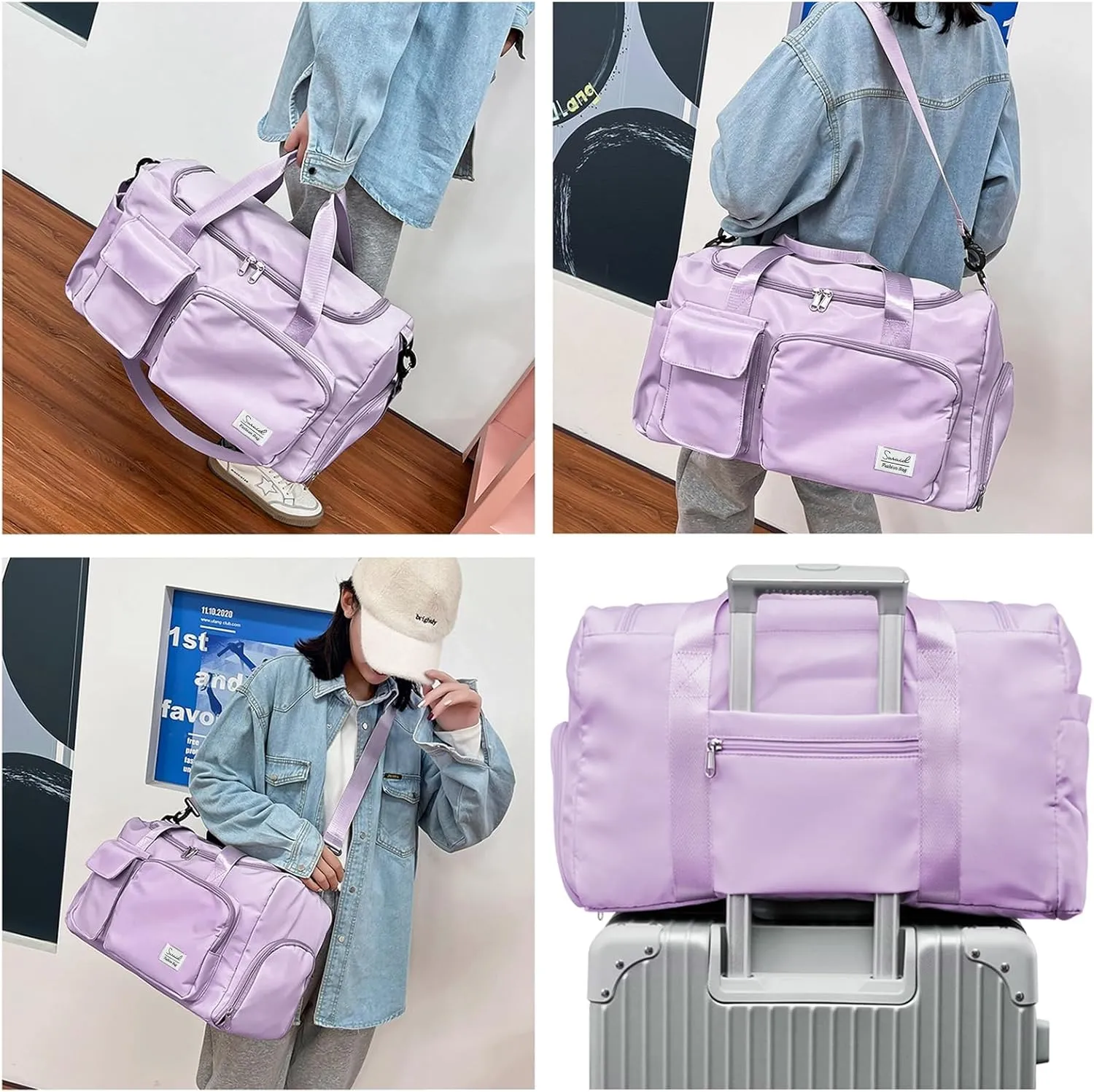 Travel Duffel Bag with Shoes Compartment Sports Gym Bag with Dry Wet Separated Pocket for Men and Women, Overnight Bag Weekender Bag Training Handbag Yoga Bag - Purple