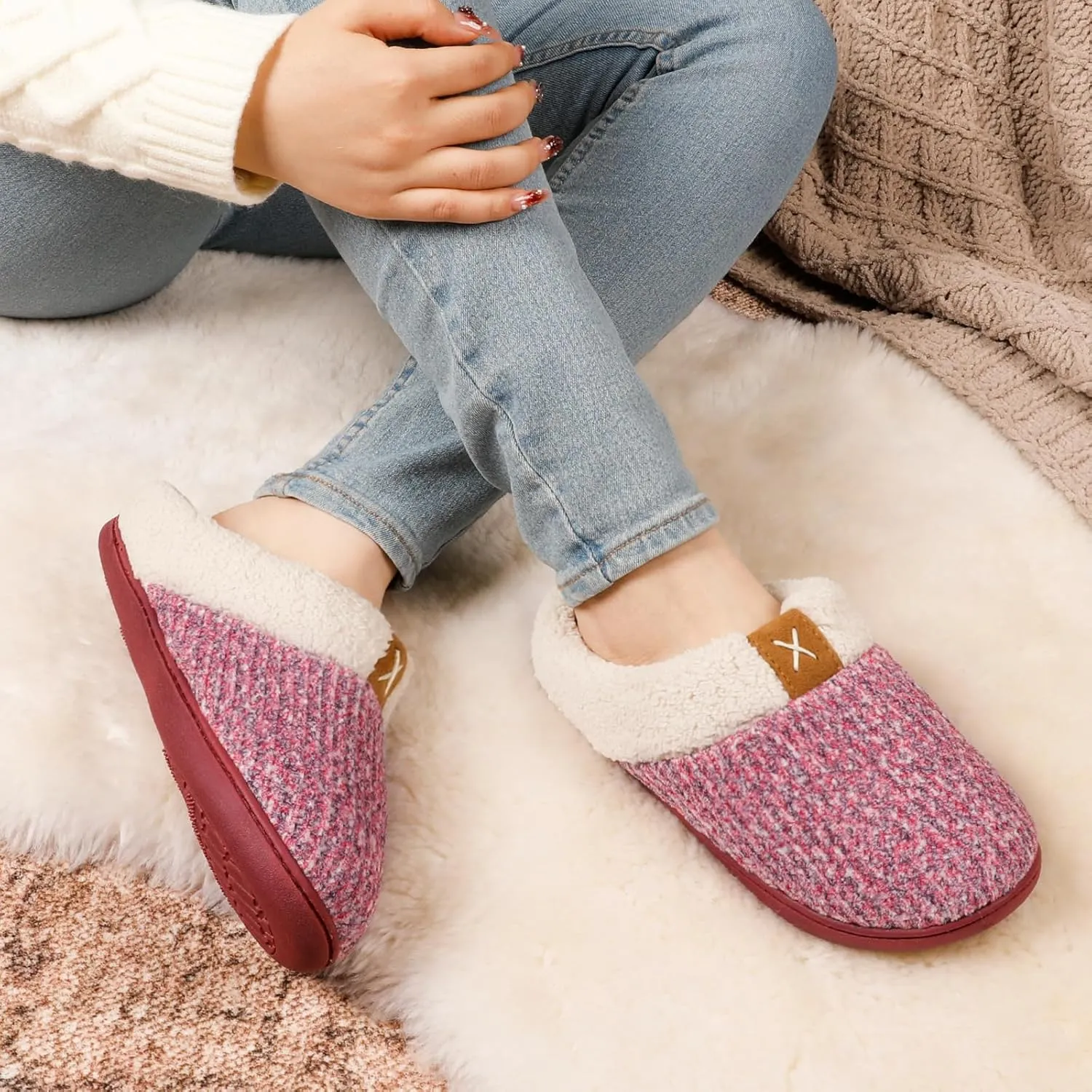 ULTRAIDEAS Women's Indoor Bedroom Slipper with Memory Foam, Gift for Women, Wool-Like House Shoe with Anti-Skid Rubber Sole for Ladies