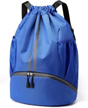 Valleycomfy Sports Drawstring Backpack - Water Resistant String Bag with Side Mesh Pockets Shoe Compartment Gym Backpack for Women & Men Blue