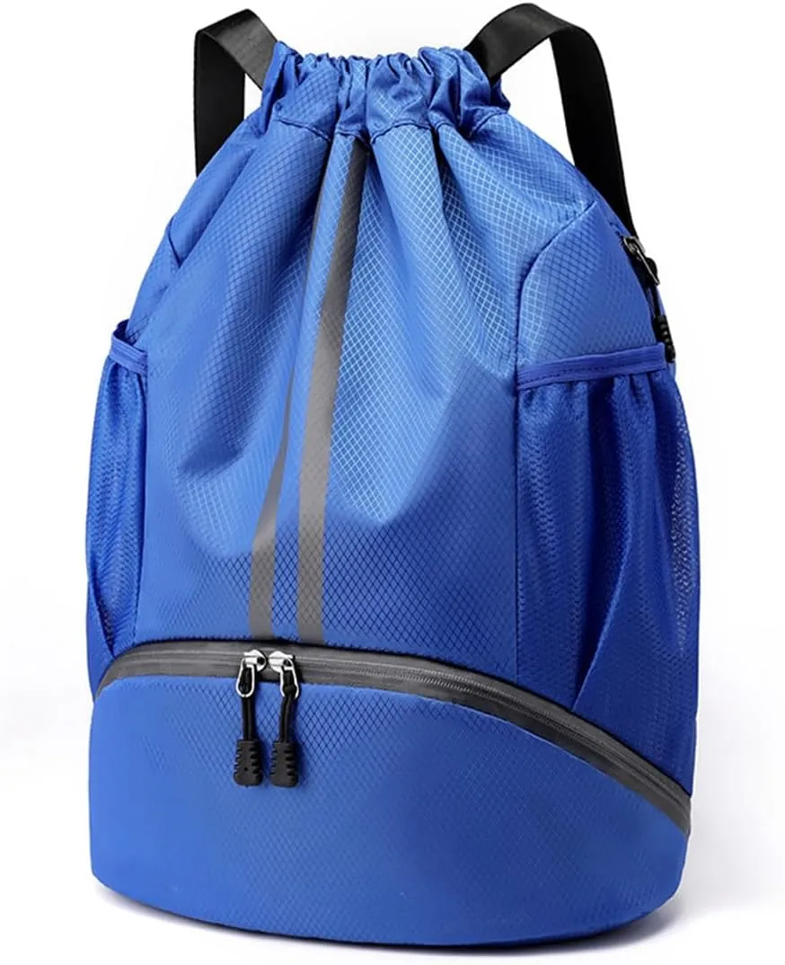 Valleycomfy Sports Drawstring Backpack - Water Resistant String Bag with Side Mesh Pockets Shoe Compartment Gym Backpack for Women & Men Blue