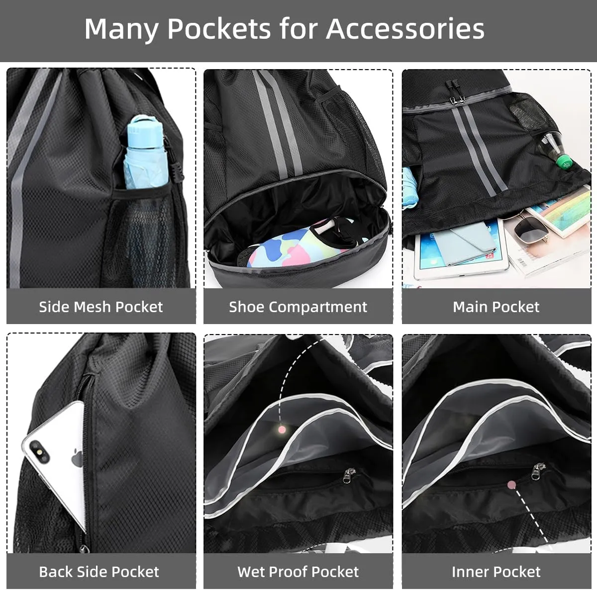 Valleycomfy Sports Drawstring Backpack - Water Resistant String Bag with Side Mesh Pockets Shoe Compartment Gym Backpack for Women & Men Blue