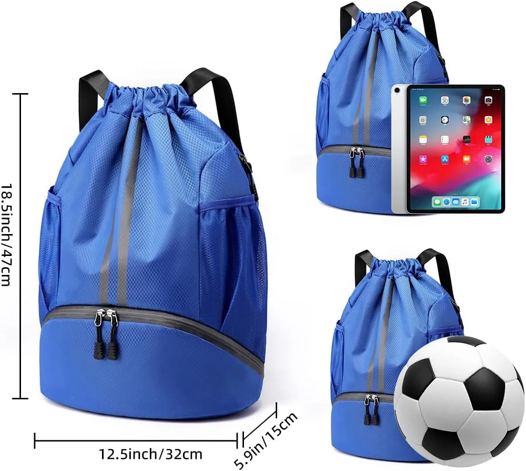 Valleycomfy Sports Drawstring Backpack - Water Resistant String Bag with Side Mesh Pockets Shoe Compartment Gym Backpack for Women & Men Blue