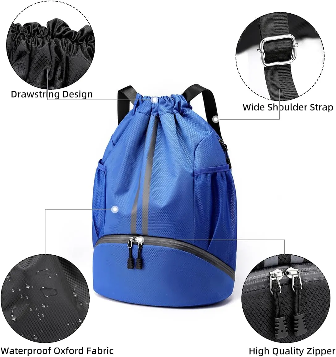 Valleycomfy Sports Drawstring Backpack - Water Resistant String Bag with Side Mesh Pockets Shoe Compartment Gym Backpack for Women & Men Blue