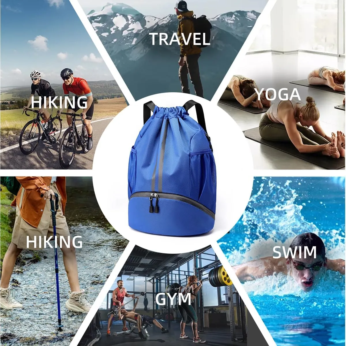 Valleycomfy Sports Drawstring Backpack - Water Resistant String Bag with Side Mesh Pockets Shoe Compartment Gym Backpack for Women & Men Blue