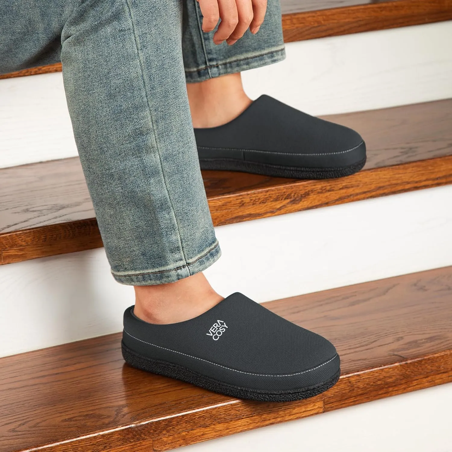 VeraCosy Men's Cozy Knit Slipper Breathable Memory Foam Indoor House Shoes with None Slip Rubber Sole