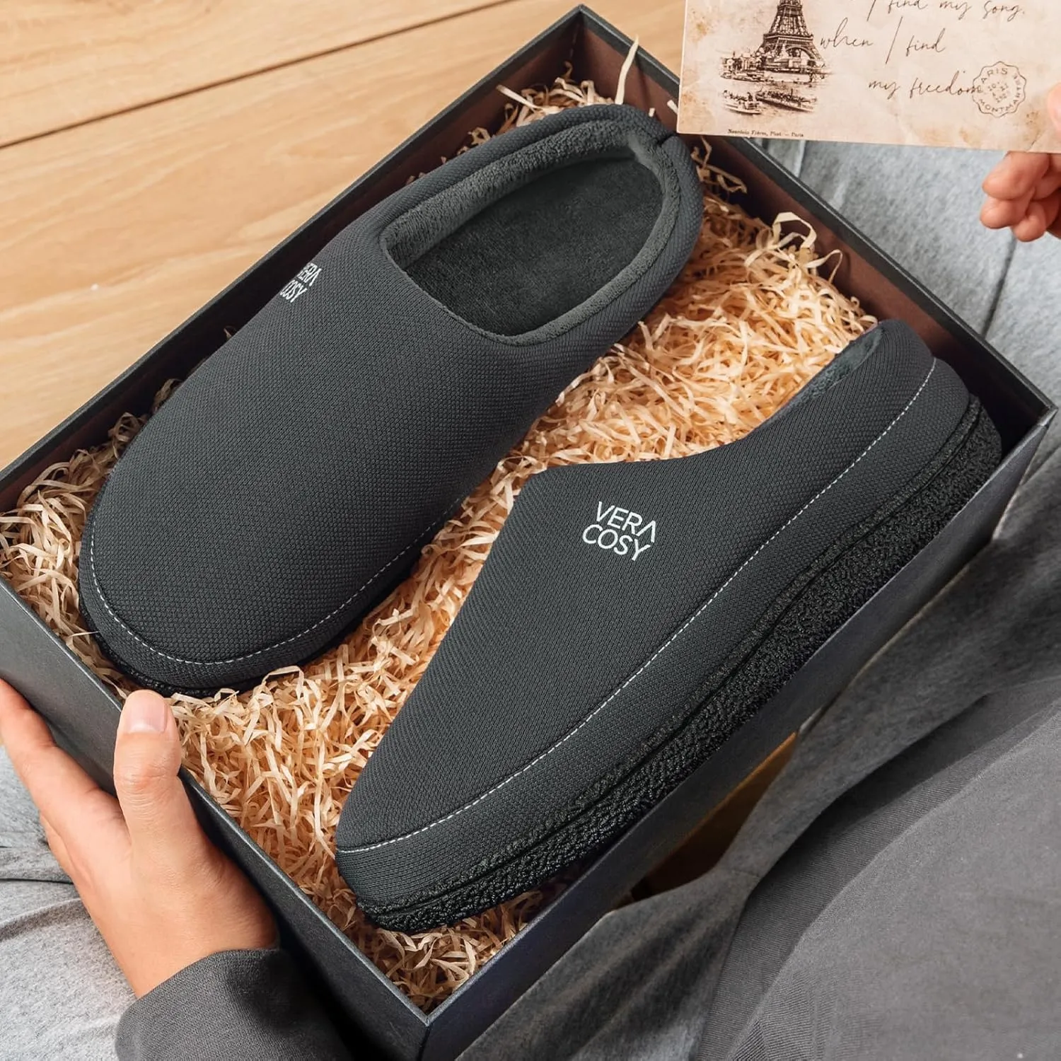 VeraCosy Men's Cozy Knit Slipper Breathable Memory Foam Indoor House Shoes with None Slip Rubber Sole