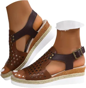 Wedge Sandals for Women Cut-Out Open Toe Walking Footwear Comfortable Vacation Non-Slip Soft Sole Shoe with Ankle Strap Breathable Outdoor Beach Casual Slippers Fashion Slippers with Adjustable Buckle