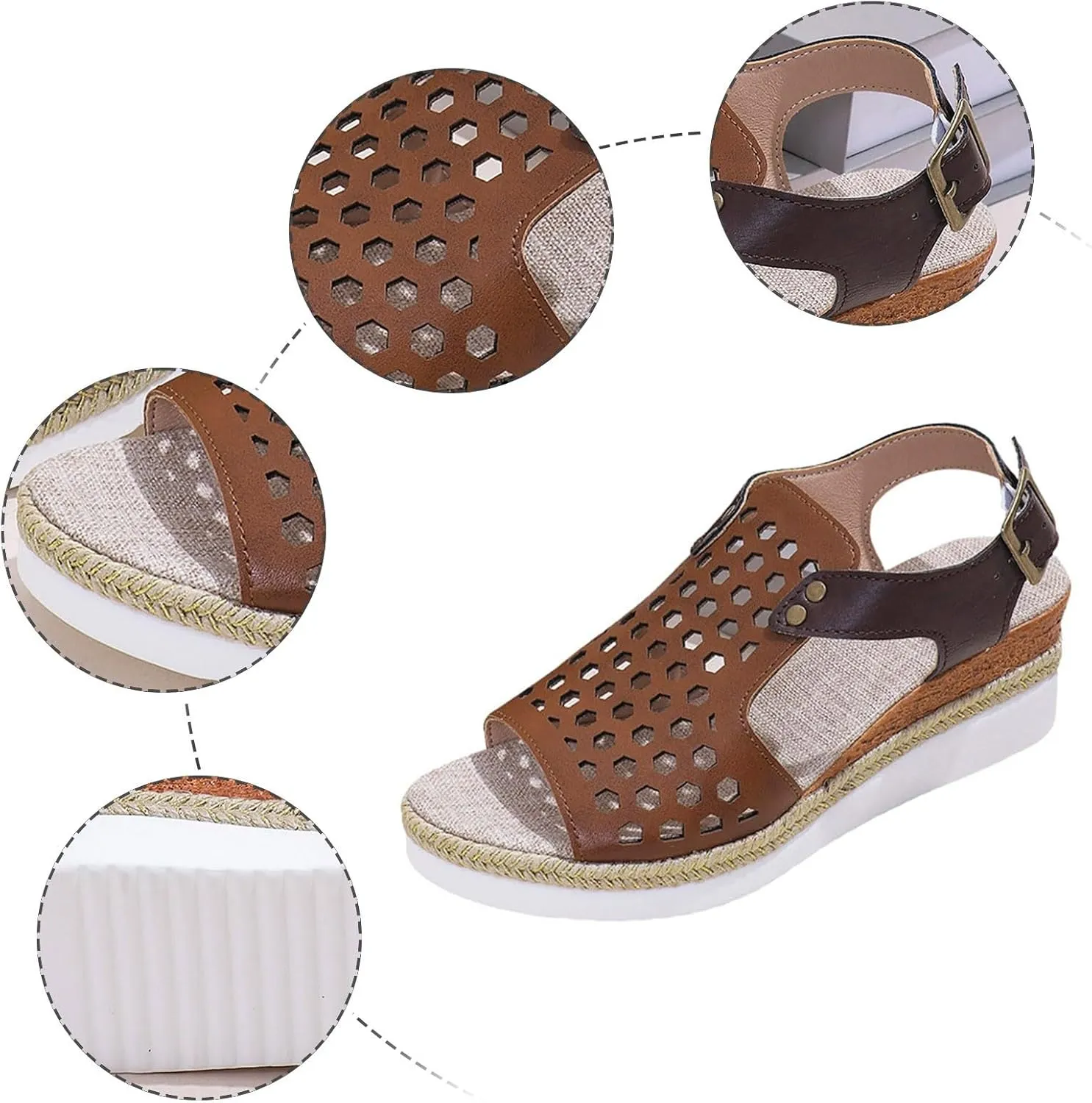 Wedge Sandals for Women Cut-Out Open Toe Walking Footwear Comfortable Vacation Non-Slip Soft Sole Shoe with Ankle Strap Breathable Outdoor Beach Casual Slippers Fashion Slippers with Adjustable Buckle