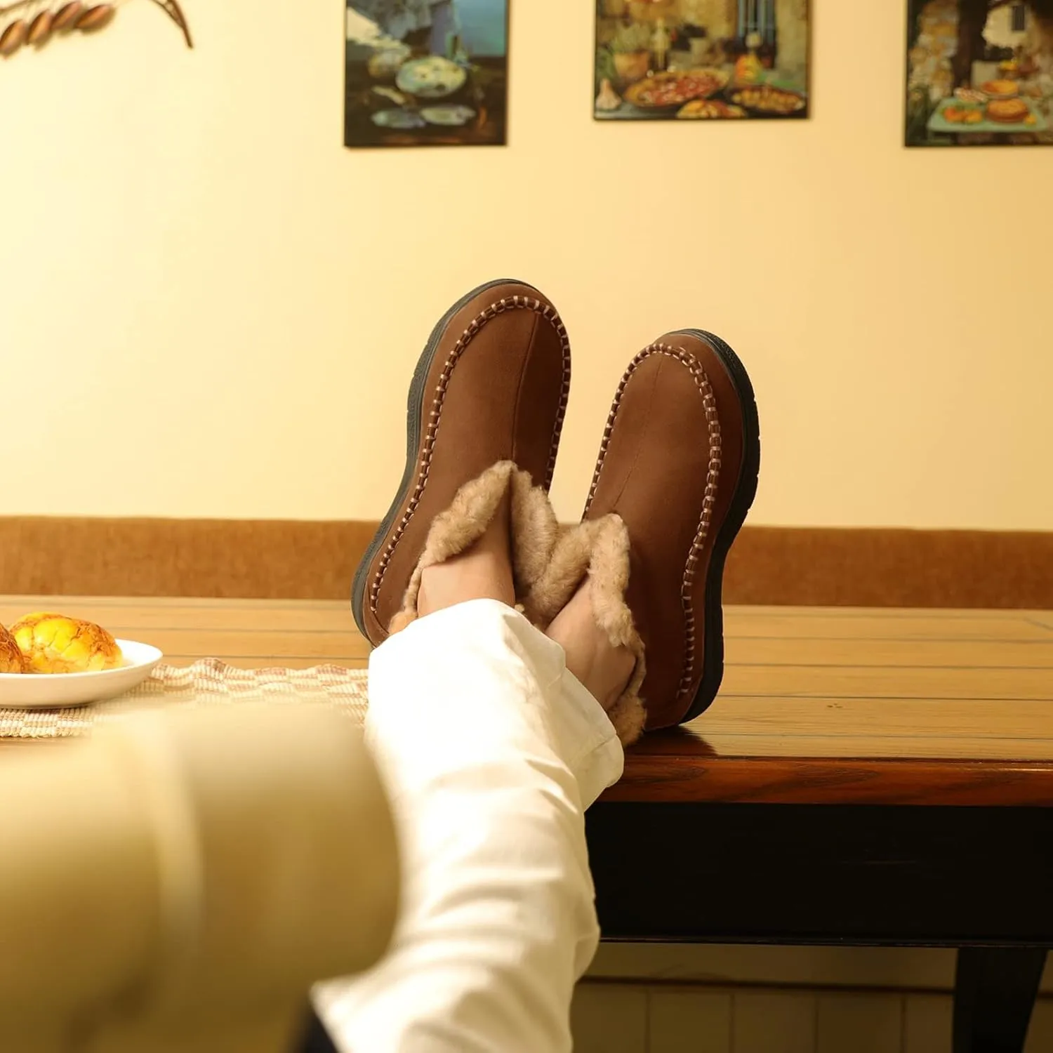Wishcotton Men's Moccasin Bootie Slippers With Cozy Memory Foam, Winter Warm Fuzzy Indoor Outdoor House Shoes