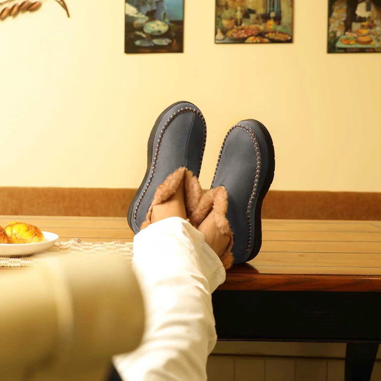 Wishcotton Men's Moccasin Bootie Slippers With Cozy Memory Foam, Winter Warm Fuzzy Indoor Outdoor House Shoes
