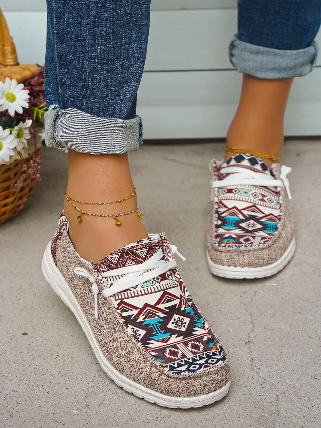 Women's Aztec Print Pattern Canvas Loafer Shoes Ethnic Lace-up Slip-on Sneakers Wide Width and Arch Support Lightweight Walking Breathable Shoes Comfort, Color Blue Brown Rose-Red