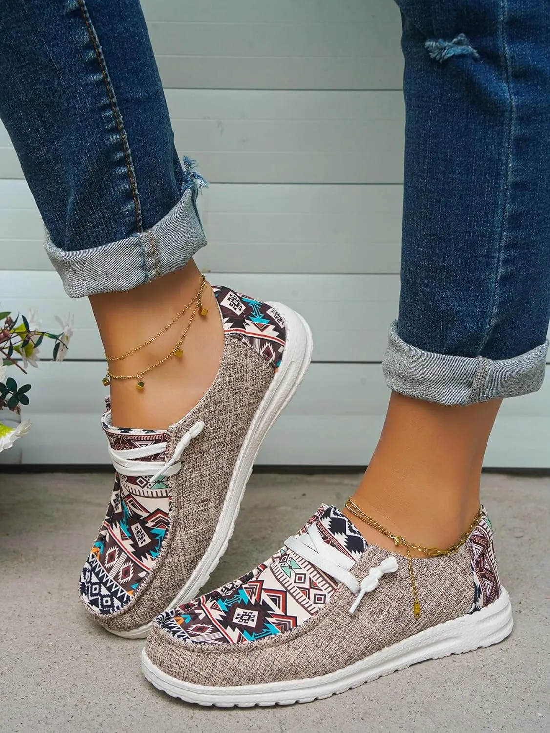 Women's Aztec Print Pattern Canvas Loafer Shoes Ethnic Lace-up Slip-on Sneakers Wide Width and Arch Support Lightweight Walking Breathable Shoes Comfort, Color Blue Brown Rose-Red