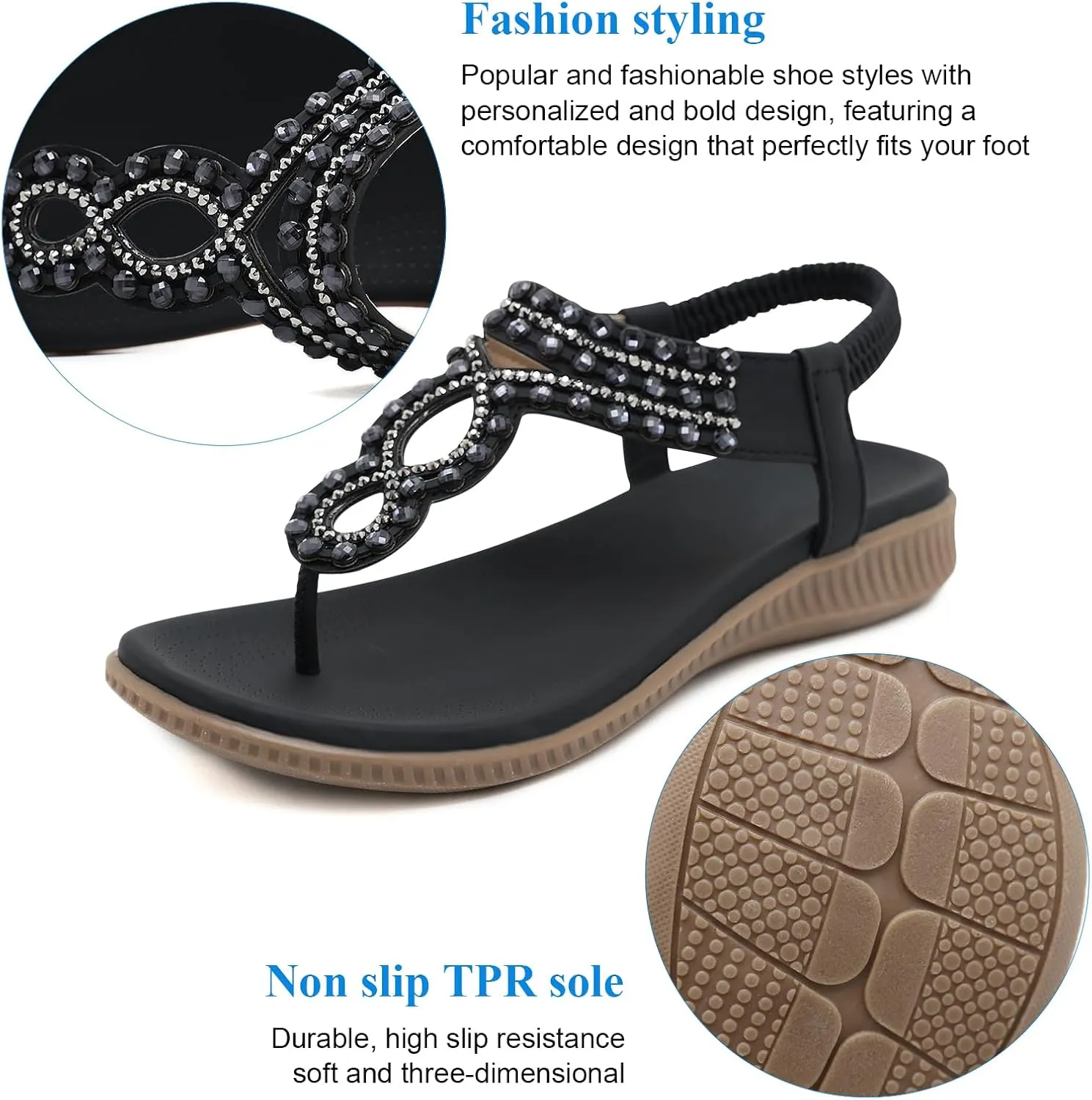 Women's Beaded Rhinestones Sandals T-Strap Bohemian Sandals Breathable Dressy Summer Shoes Outdoor