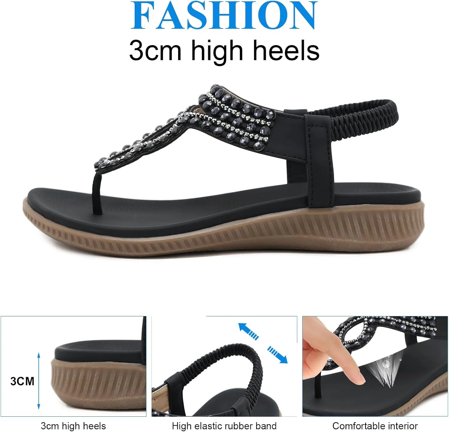 Women's Beaded Rhinestones Sandals T-Strap Bohemian Sandals Breathable Dressy Summer Shoes Outdoor