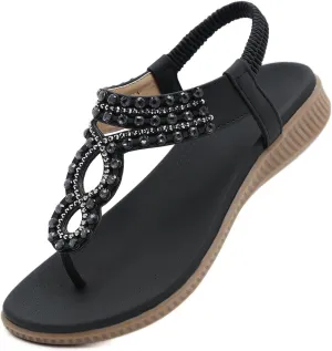 Women's Beaded Rhinestones Sandals T-Strap Bohemian Sandals Breathable Dressy Summer Shoes Outdoor