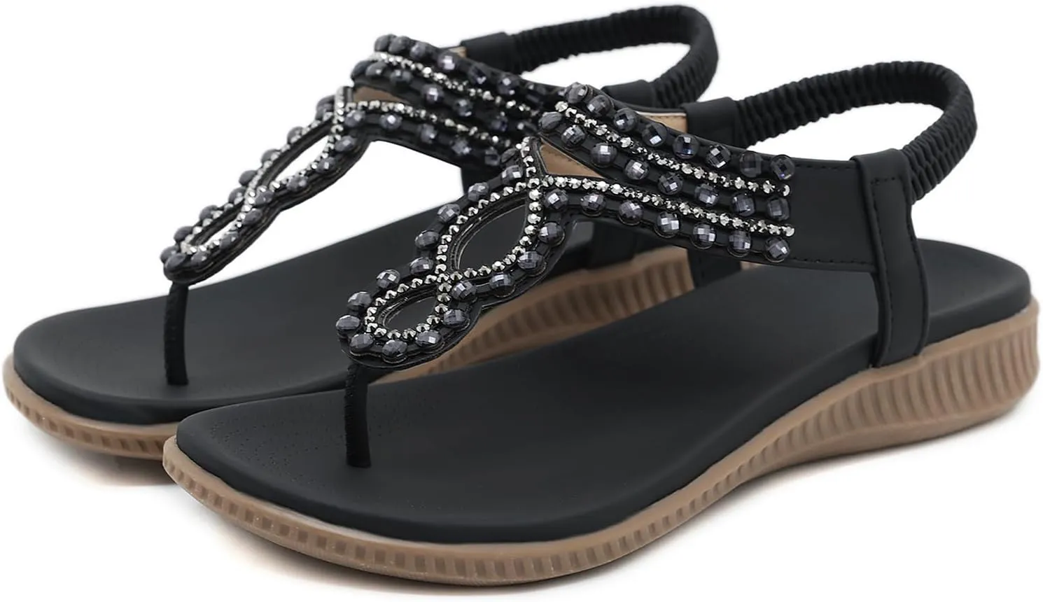 Women's Beaded Rhinestones Sandals T-Strap Bohemian Sandals Breathable Dressy Summer Shoes Outdoor