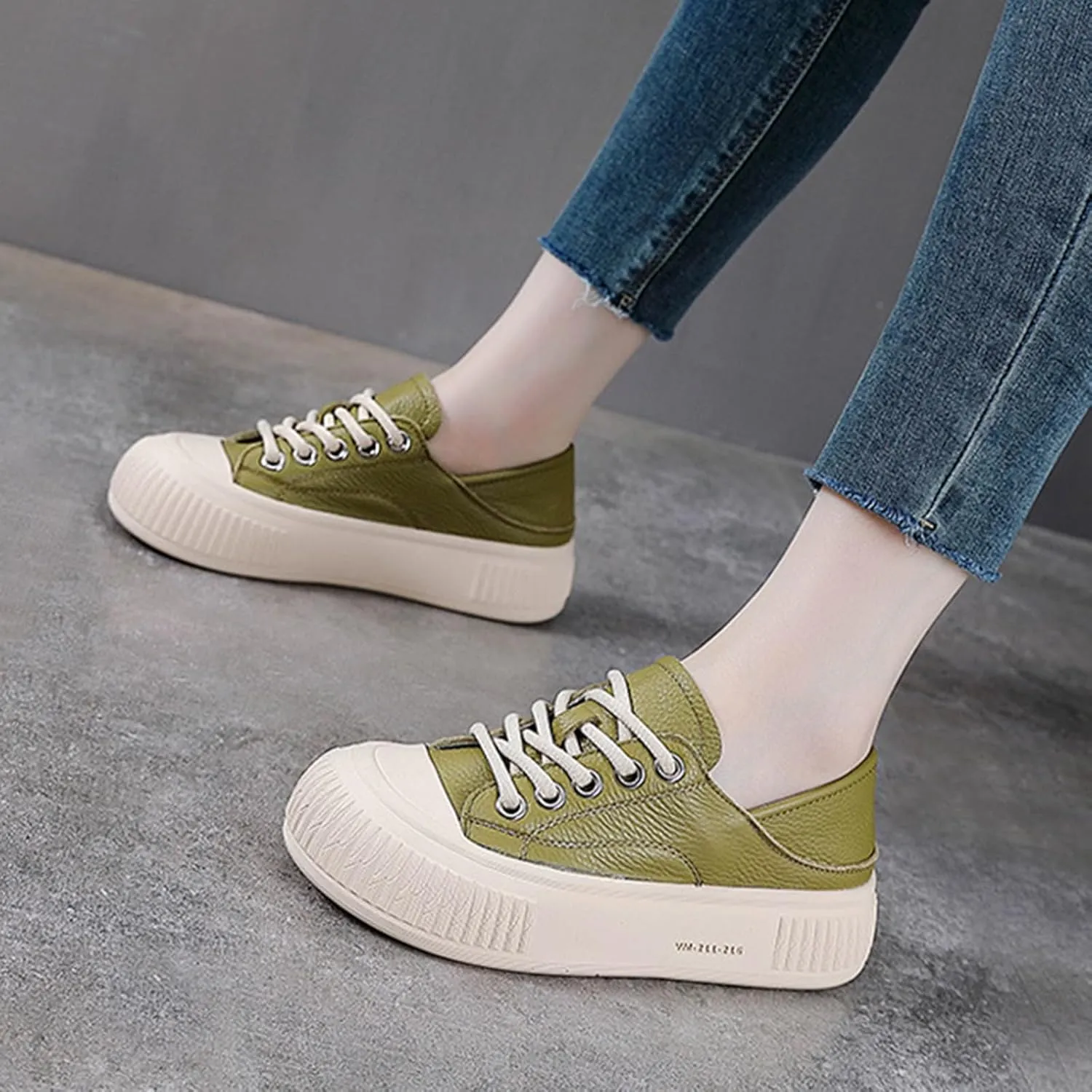 Women's Genuine Leather Lace Up Anti-Collision Platform Fashion Sneaker Retro Round Toe Low Top Soft Sole Heighten Walking Shoes Comfortable Casual Running Tennis Shoes