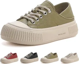 Women's Genuine Leather Lace Up Anti-Collision Platform Fashion Sneaker Retro Round Toe Low Top Soft Sole Heighten Walking Shoes Comfortable Casual Running Tennis Shoes