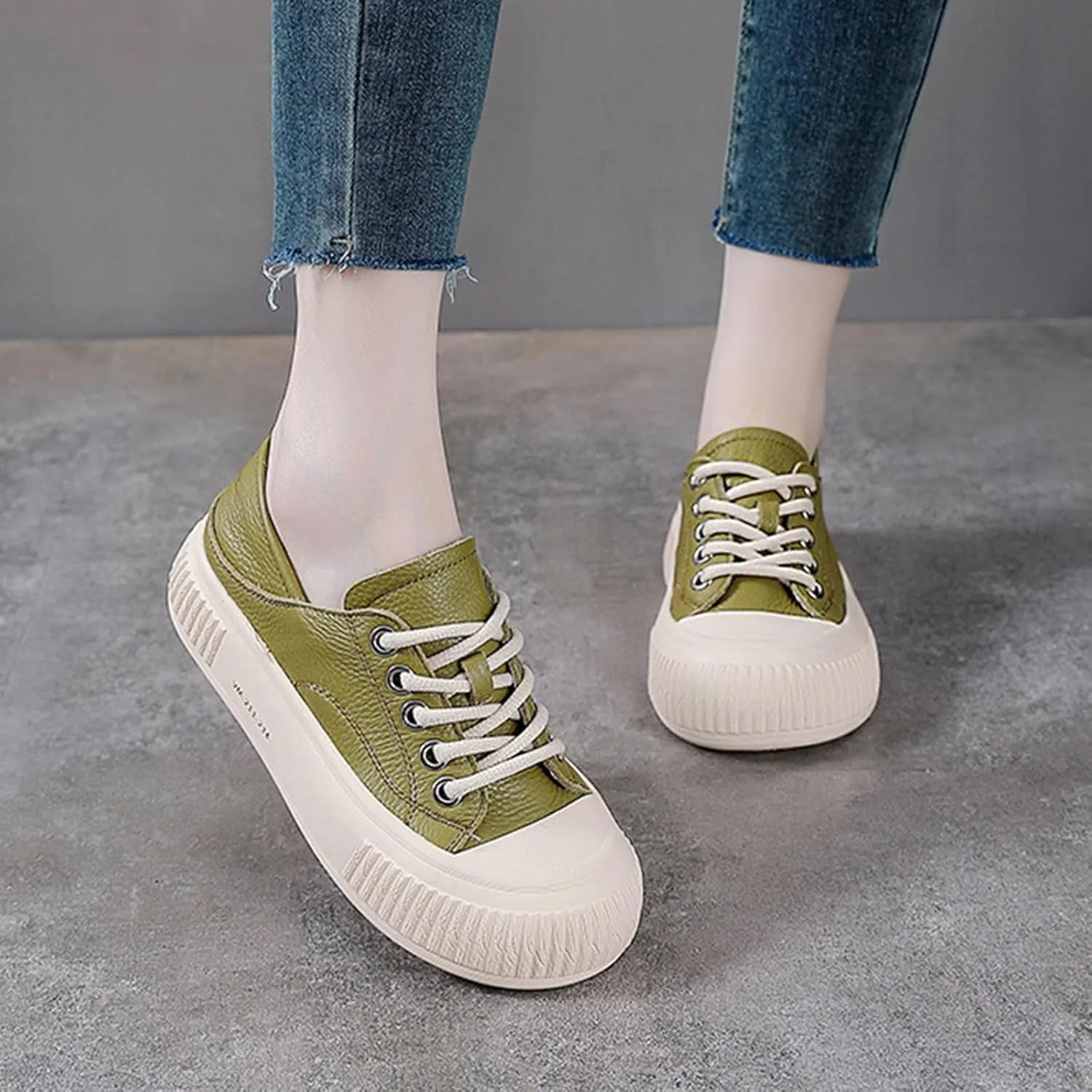 Women's Genuine Leather Lace Up Anti-Collision Platform Fashion Sneaker Retro Round Toe Low Top Soft Sole Heighten Walking Shoes Comfortable Casual Running Tennis Shoes