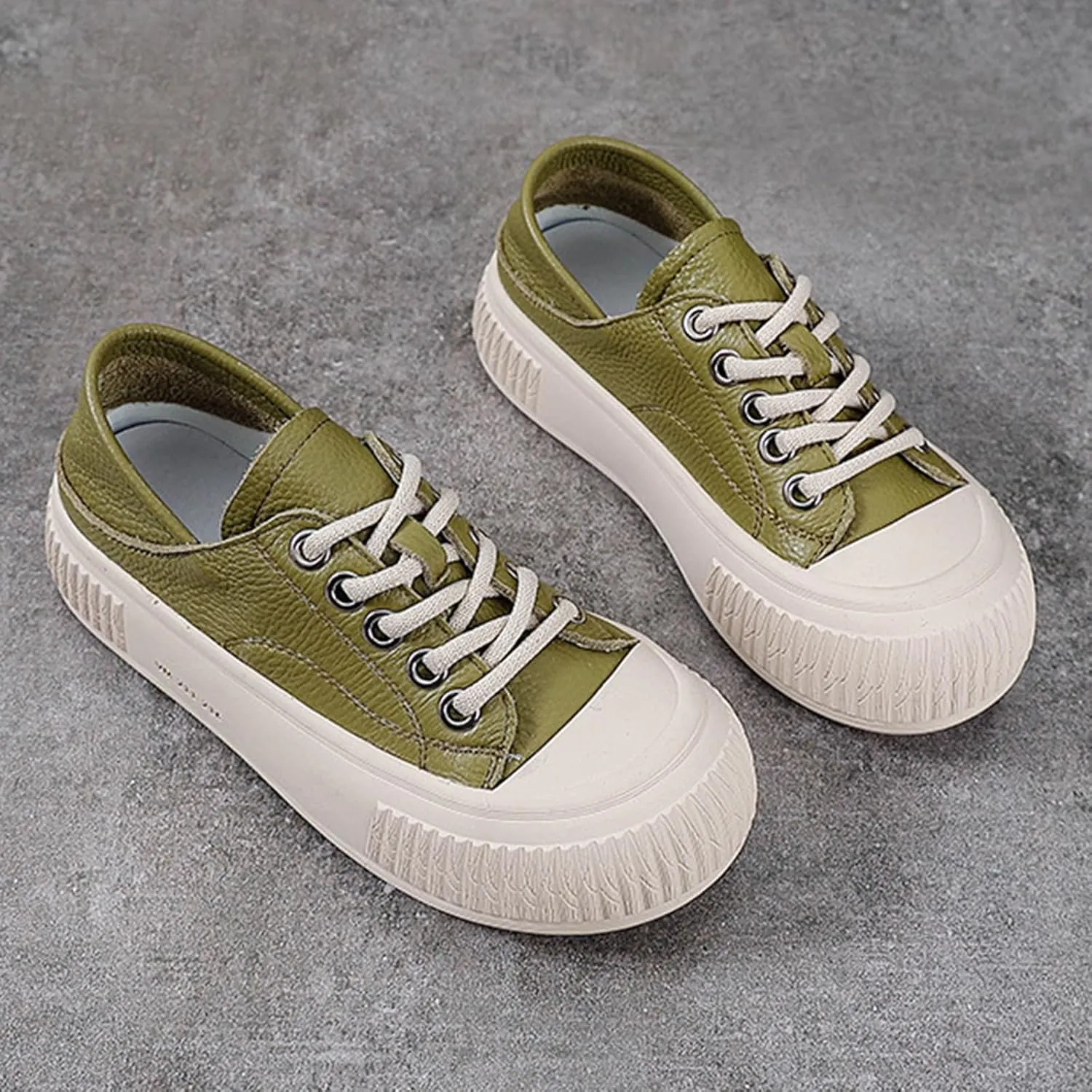 Women's Genuine Leather Lace Up Anti-Collision Platform Fashion Sneaker Retro Round Toe Low Top Soft Sole Heighten Walking Shoes Comfortable Casual Running Tennis Shoes