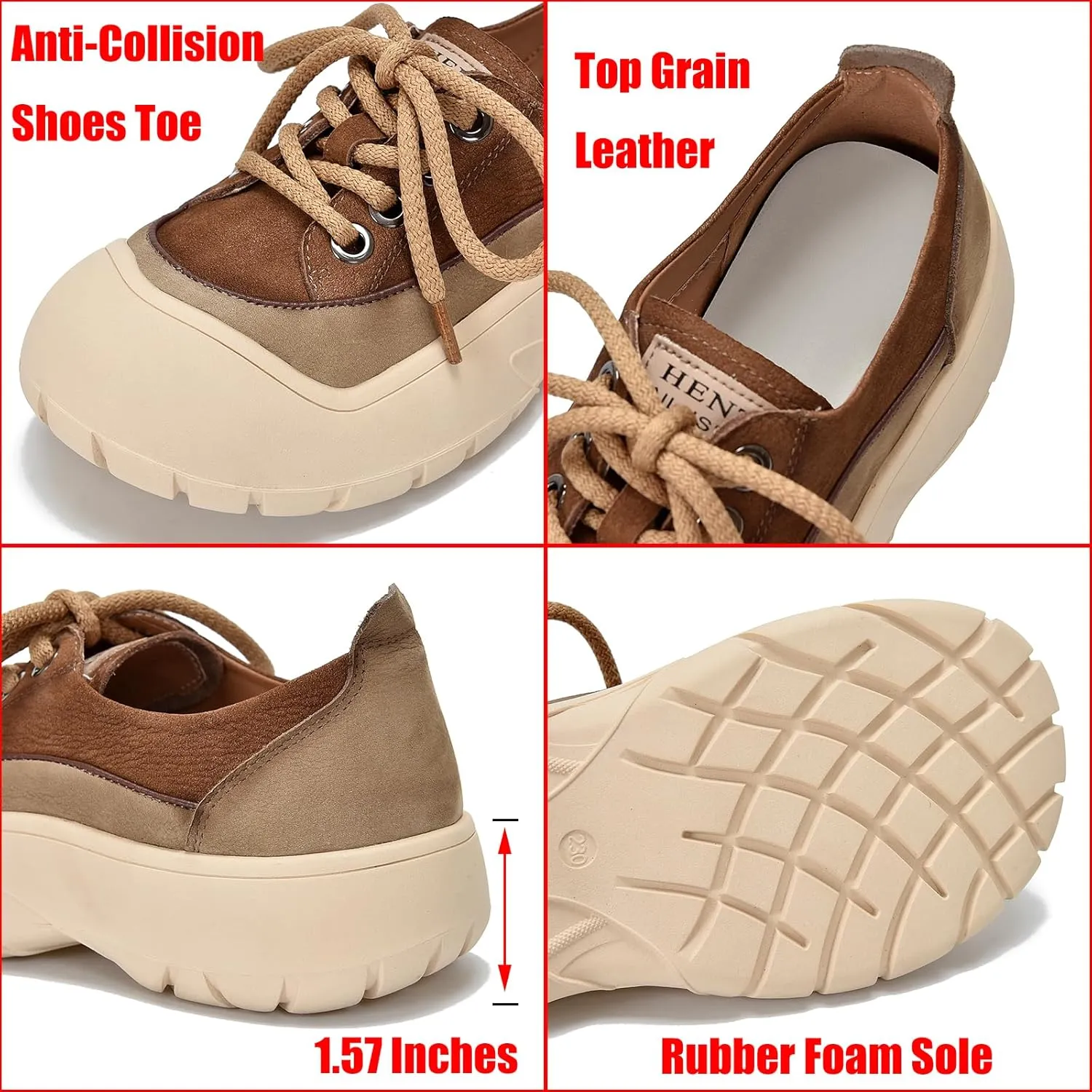 Women's Genuine Leather Lace Up Platform Fashion Sneaker Retro Anti-Collision Round Toe Low Top Soft Sole Walking Shoes Comfortable Lightweight Heighten Casual Running Sport Shoes