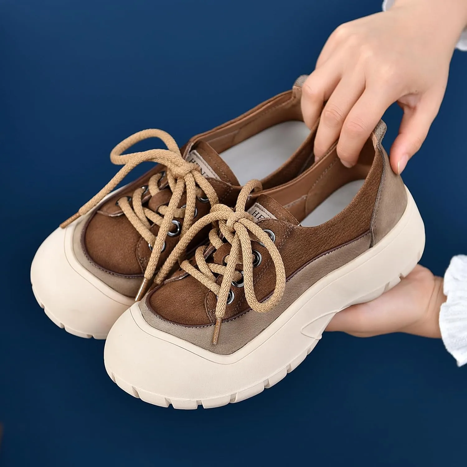 Women's Genuine Leather Lace Up Platform Fashion Sneaker Retro Anti-Collision Round Toe Low Top Soft Sole Walking Shoes Comfortable Lightweight Heighten Casual Running Sport Shoes