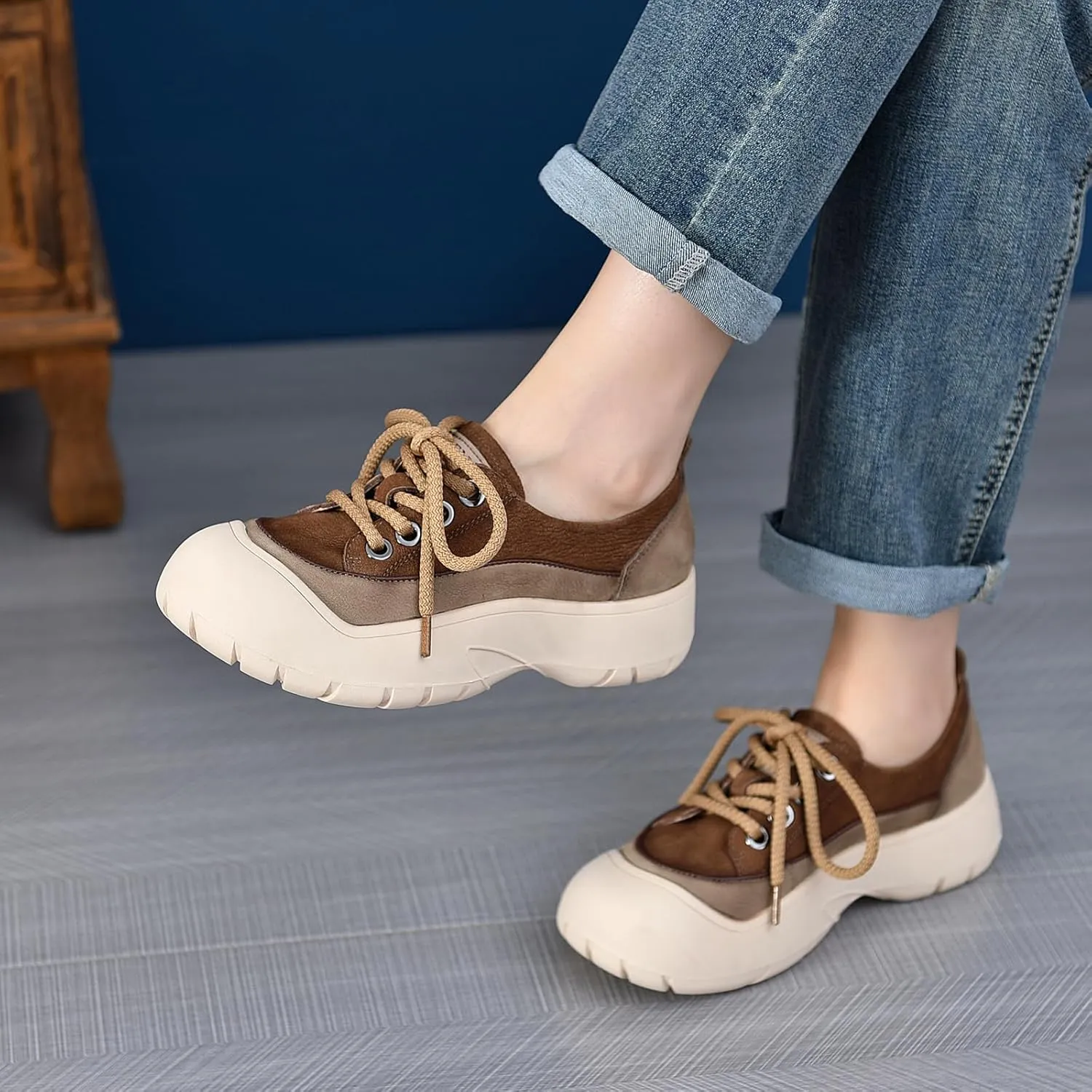 Women's Genuine Leather Lace Up Platform Fashion Sneaker Retro Anti-Collision Round Toe Low Top Soft Sole Walking Shoes Comfortable Lightweight Heighten Casual Running Sport Shoes