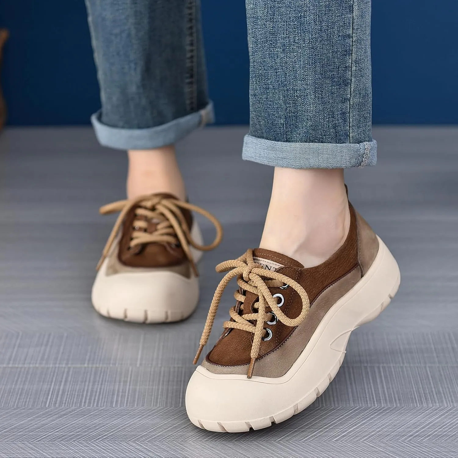 Women's Genuine Leather Lace Up Platform Fashion Sneaker Retro Anti-Collision Round Toe Low Top Soft Sole Walking Shoes Comfortable Lightweight Heighten Casual Running Sport Shoes