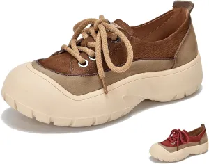 Women's Genuine Leather Lace Up Platform Fashion Sneaker Retro Anti-Collision Round Toe Low Top Soft Sole Walking Shoes Comfortable Lightweight Heighten Casual Running Sport Shoes