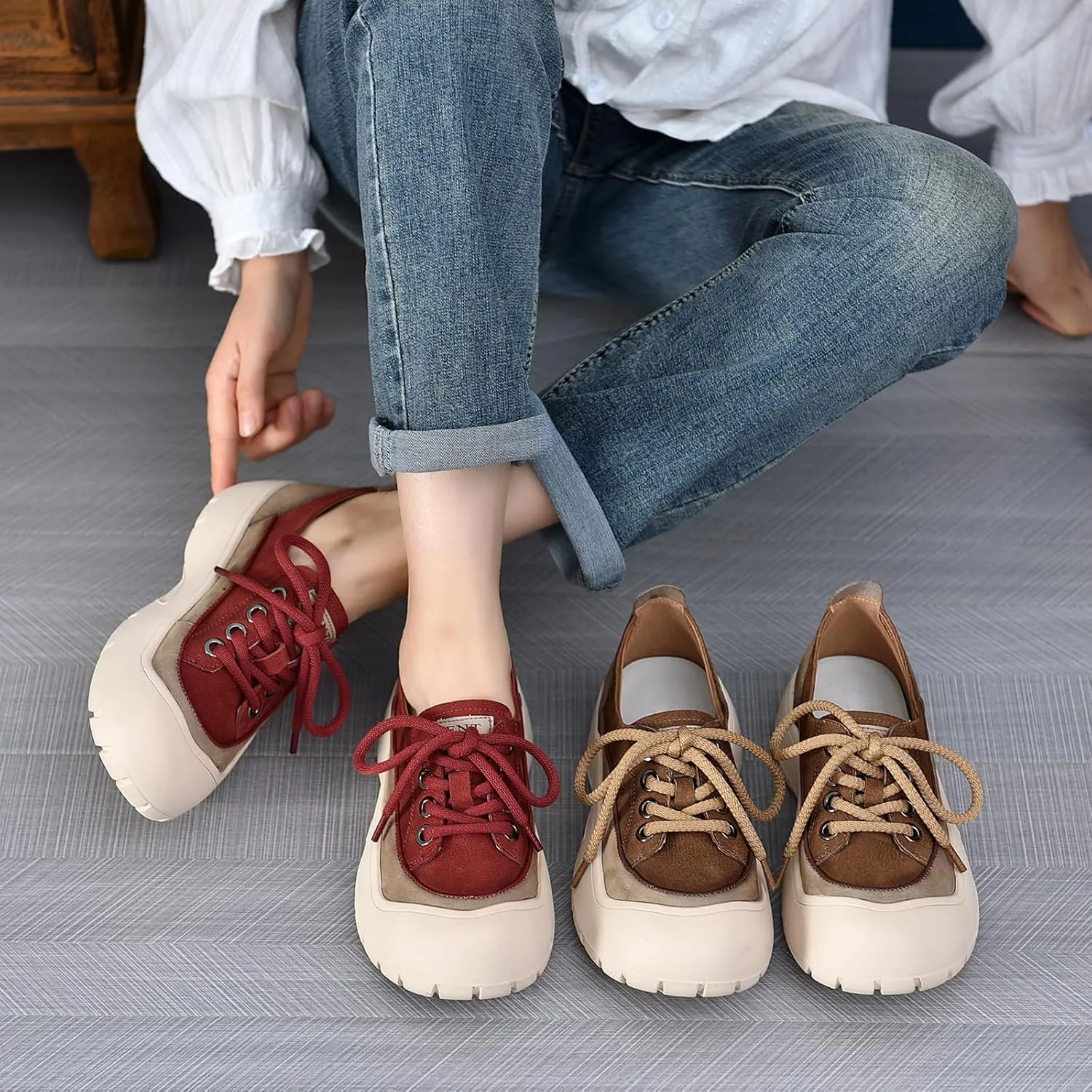 Women's Genuine Leather Lace Up Platform Fashion Sneaker Retro Anti-Collision Round Toe Low Top Soft Sole Walking Shoes Comfortable Lightweight Heighten Casual Running Sport Shoes