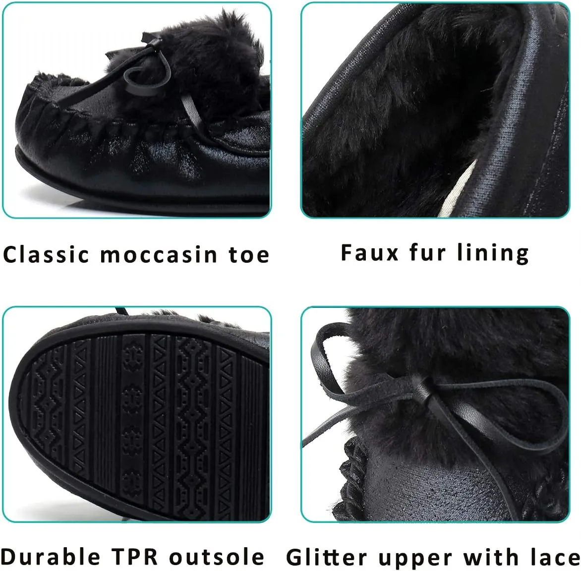 Women's Glitter Moccasin Slipper Faux Fur Lined Winter Slip On Loafer House Shoes