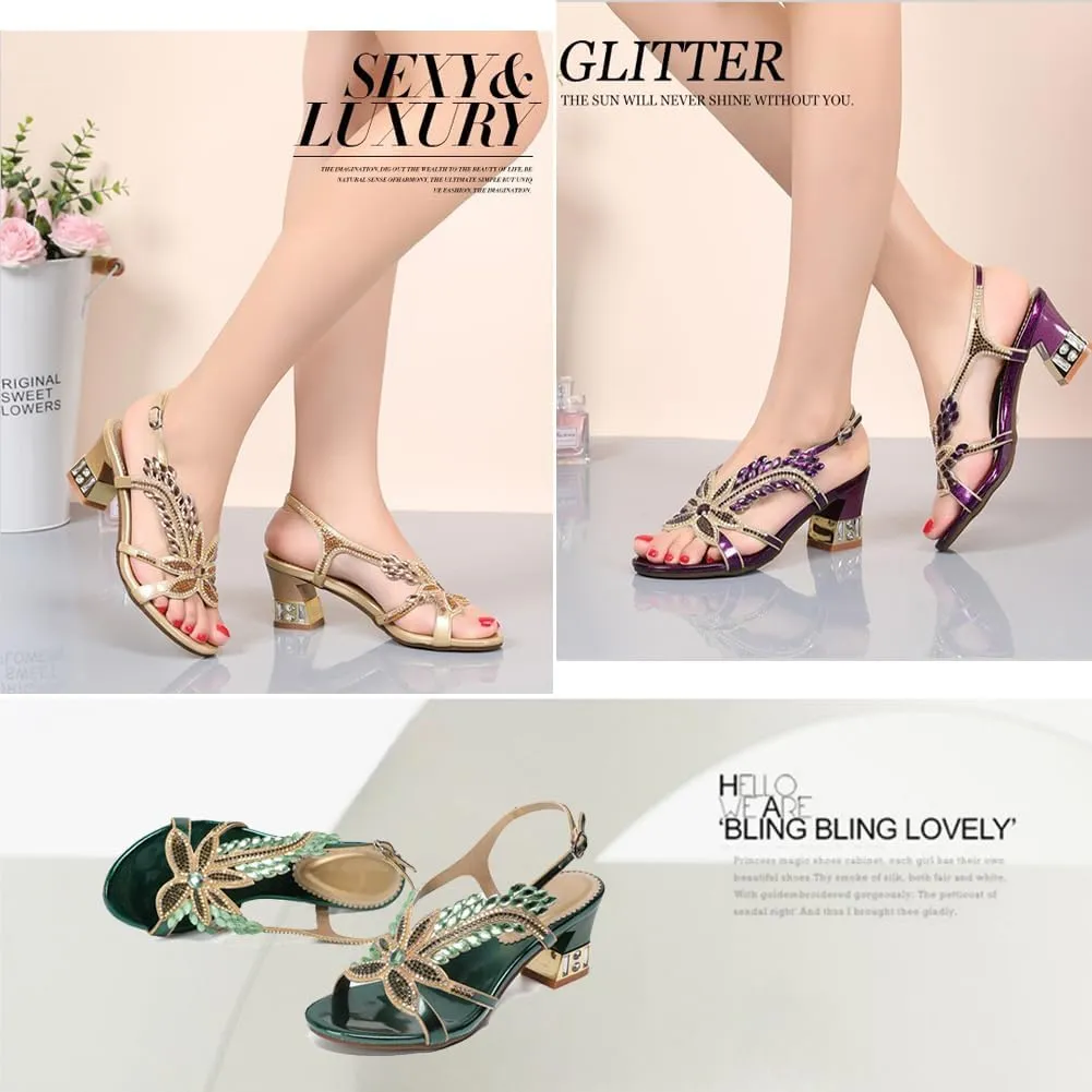 Women's Handmade Rhinestones Crystal Heel Evening Bridal Wedding Prom Sandals Heeled 6.5 cm